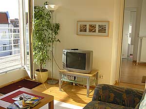 Das Wohn-Schlafzimmer mit Kabel-TV, Austritt zur Terrasse, links im Bild eine Stufe - die Einzige, sonst sehr gut für Senioren geeignet