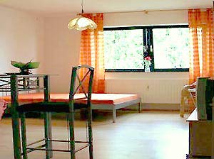 View into the living room and bedroom in the apartment in Cologne