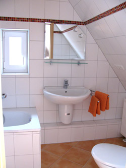 Das Badezimmer: Waschbecken, Badewanne..