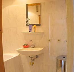 tiled bathroom with bathtub