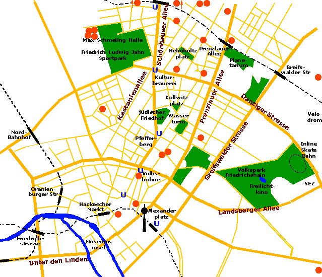 extra map for Prenzlauer Berg where you can see every accommodation, also to see Max-Schmeling-Halle, Friedrich-Ludwig-Jahn Sportpark, Planetarium, Helmholtzplatz, Kulturbrauerei, Wassertrum, Kollwitzplatz, jüdischer Friedhof, Volksbühne, Freilichtbühne Friedrichshain, Hackescher Markt, Museumsinsel, Friedrichstrasse, SEZ